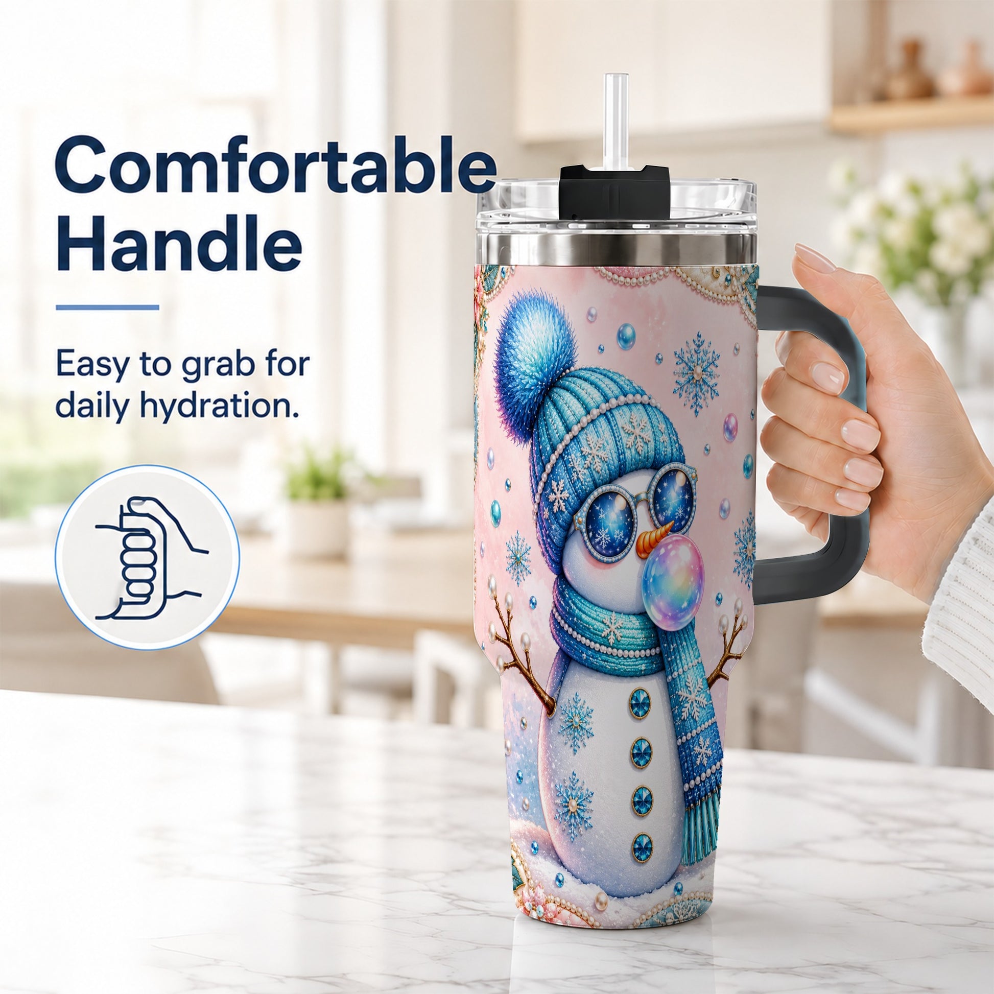 #pl[40oz|Black] Blue Snowman 40oz Tumbler with Handle, Winter Stainless Steel Travel Cup