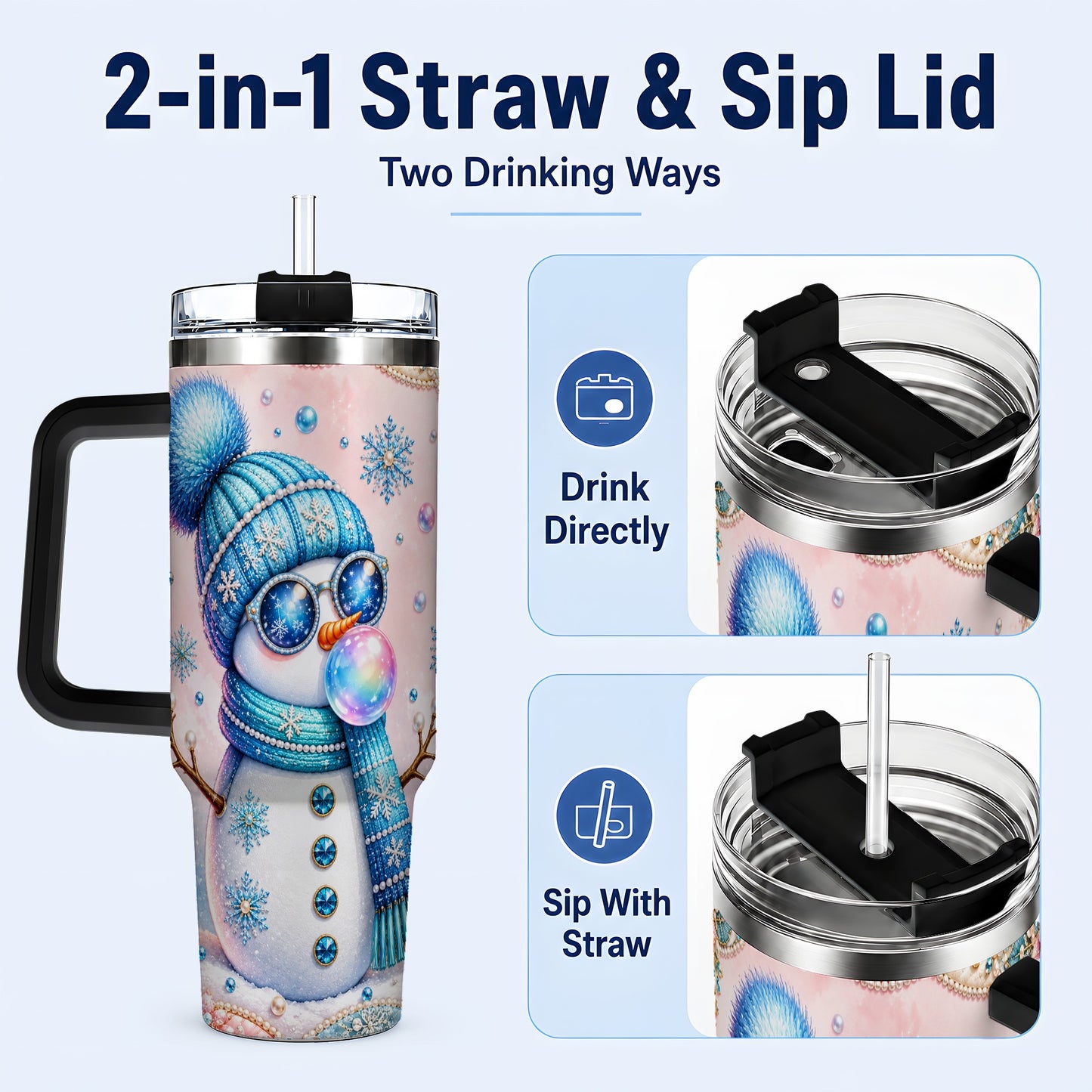 #pl[40oz|Black] Blue Snowman 40oz Tumbler with Handle, Winter Stainless Steel Travel Cup