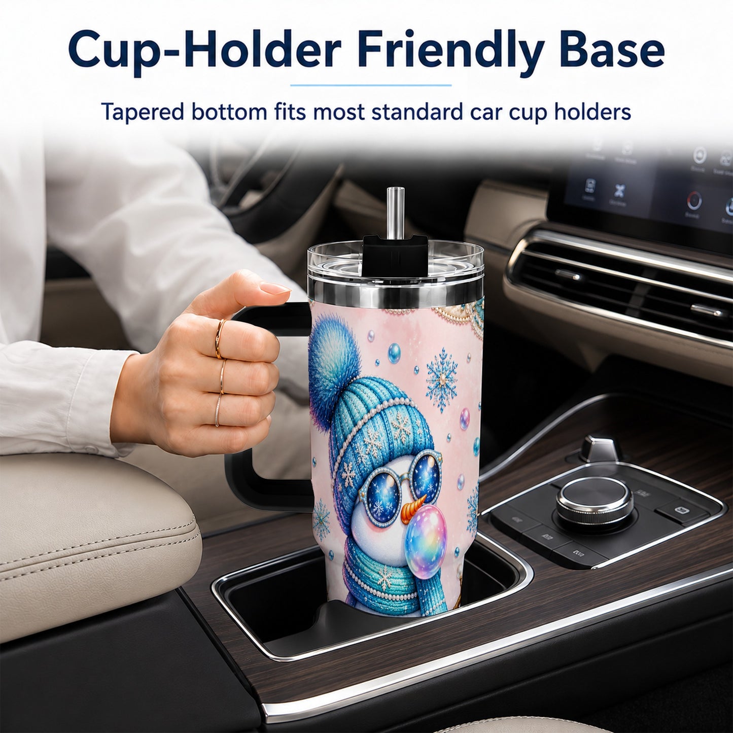 #pl[40oz|Black] Blue Snowman 40oz Tumbler with Handle, Winter Stainless Steel Travel Cup