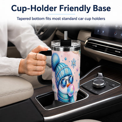 #pl[40oz|Black] Blue Snowman 40oz Tumbler with Handle, Winter Stainless Steel Travel Cup