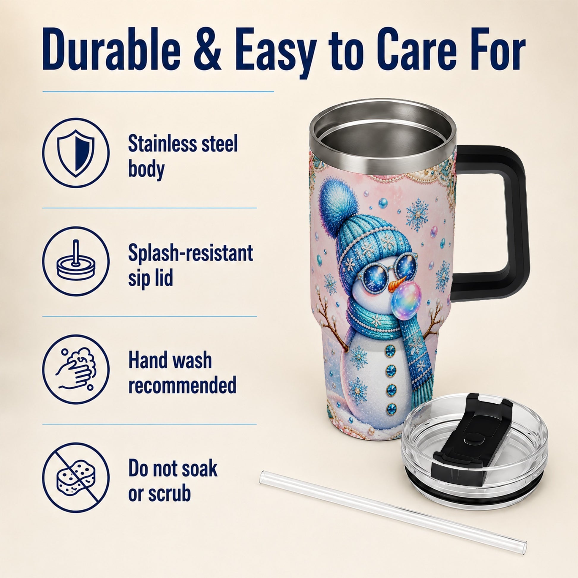 #pl[40oz|Black] Blue Snowman 40oz Tumbler with Handle, Winter Stainless Steel Travel Cup