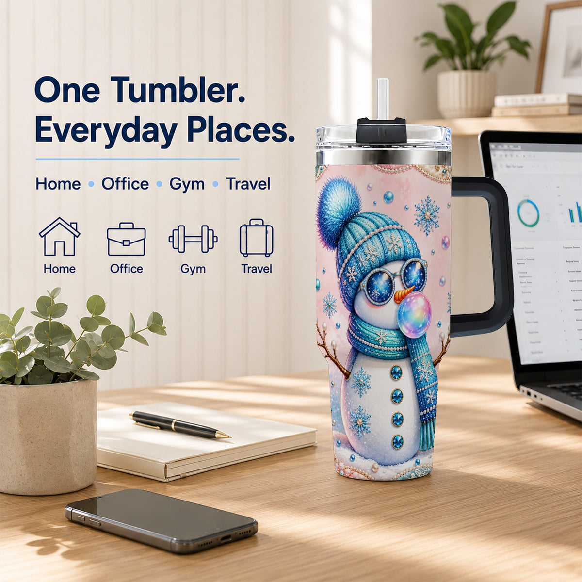#pl[40oz|Black] Blue Snowman 40oz Tumbler with Handle, Winter Stainless Steel Travel Cup