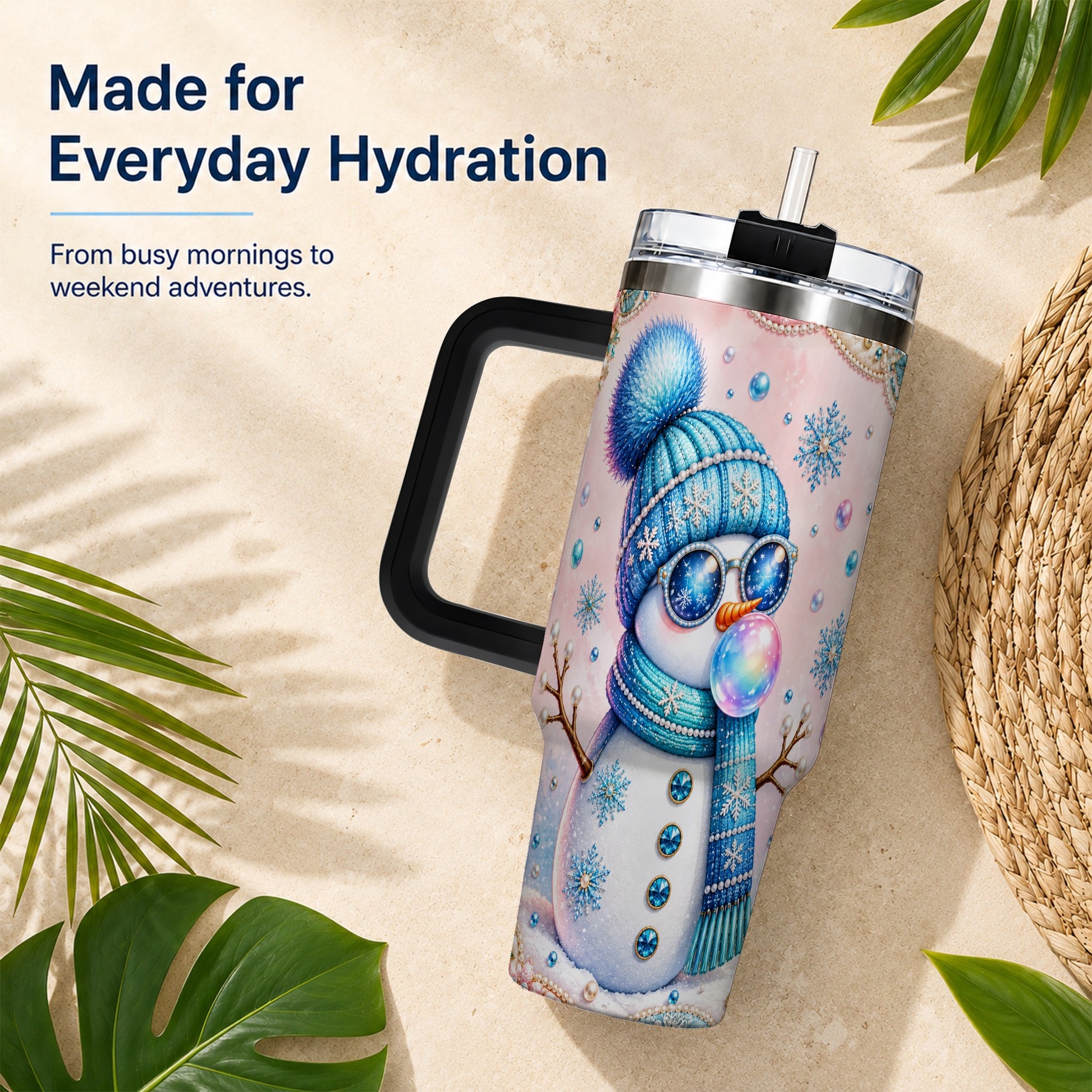 #pl[40oz|Black] Blue Snowman 40oz Tumbler with Handle, Winter Stainless Steel Travel Cup