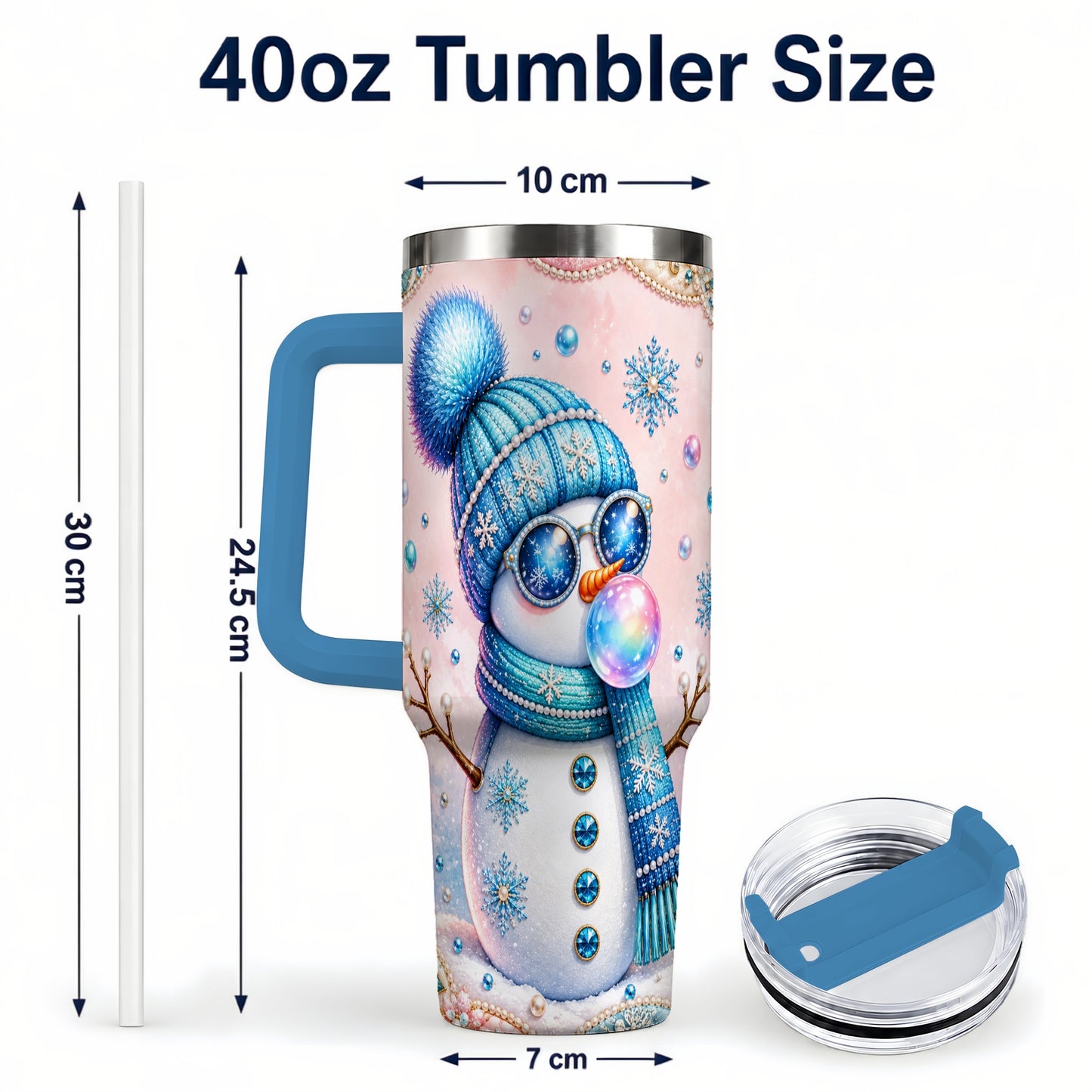 #pl[40oz|Blue] Blue Snowman 40oz Tumbler with Handle, Winter Stainless Steel Travel Cup