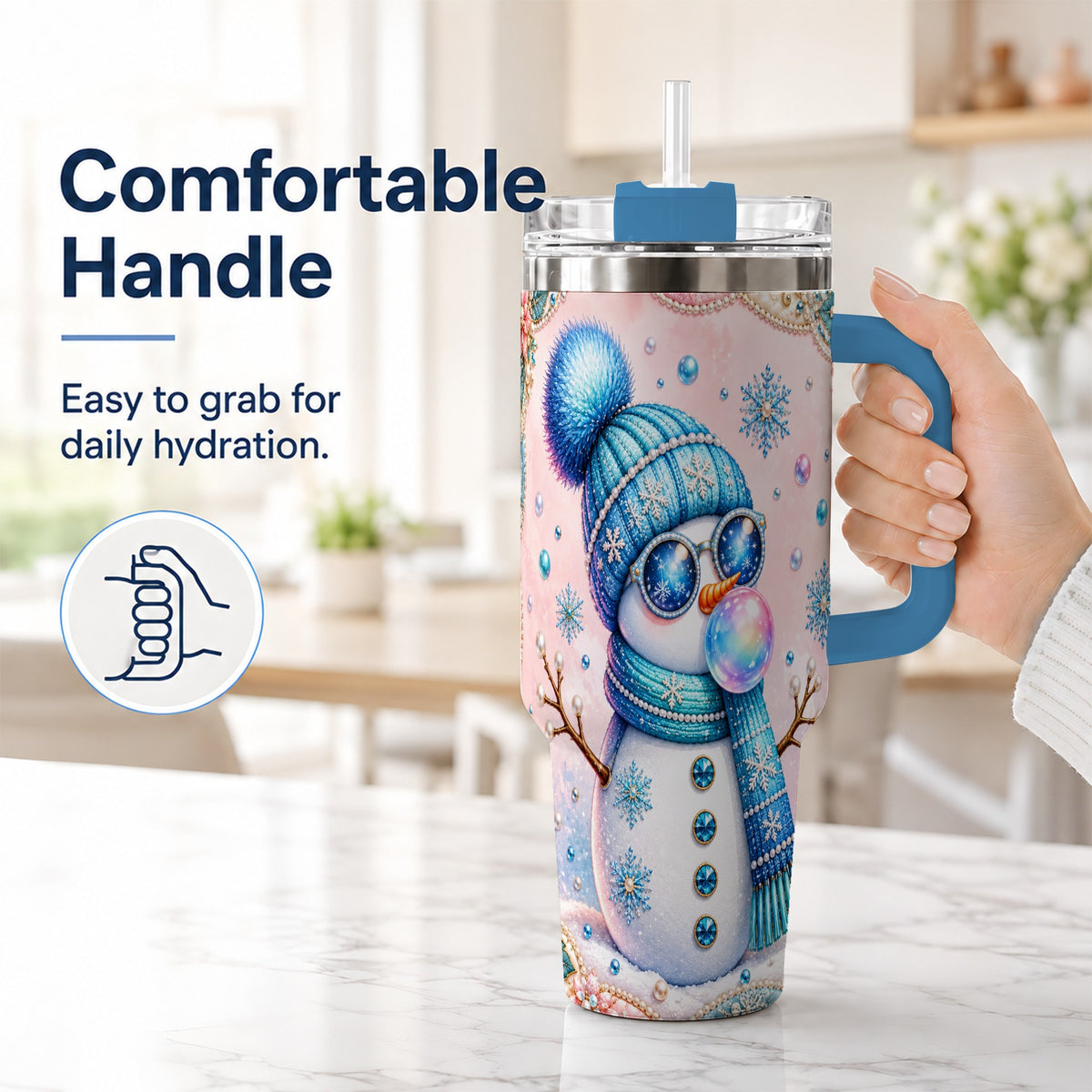 #pl[40oz|Blue] Blue Snowman 40oz Tumbler with Handle, Winter Stainless Steel Travel Cup