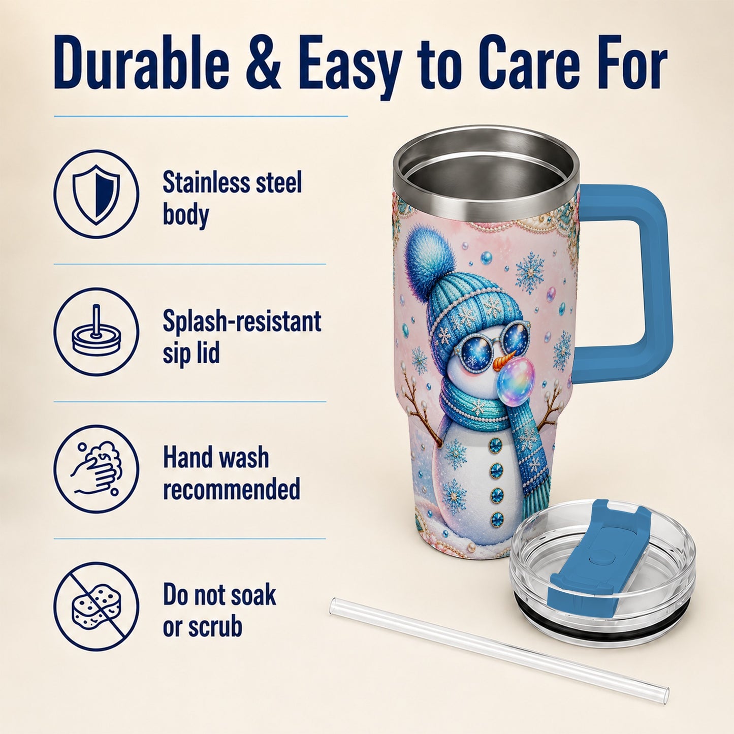#pl[40oz|Blue] Blue Snowman 40oz Tumbler with Handle, Winter Stainless Steel Travel Cup