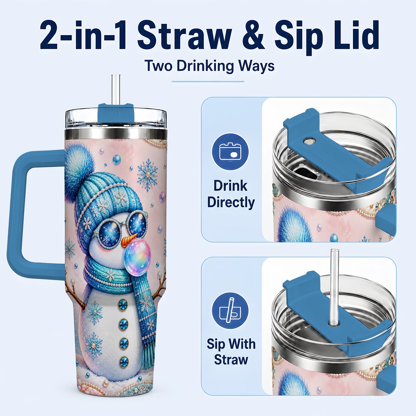 #pl[40oz|Blue] Blue Snowman 40oz Tumbler with Handle, Winter Stainless Steel Travel Cup