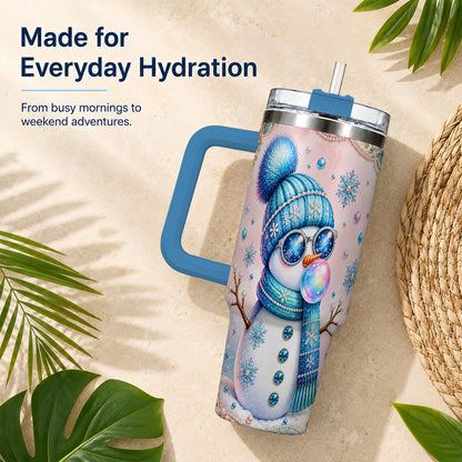 #pl[40oz|Blue] Blue Snowman 40oz Tumbler with Handle, Winter Stainless Steel Travel Cup