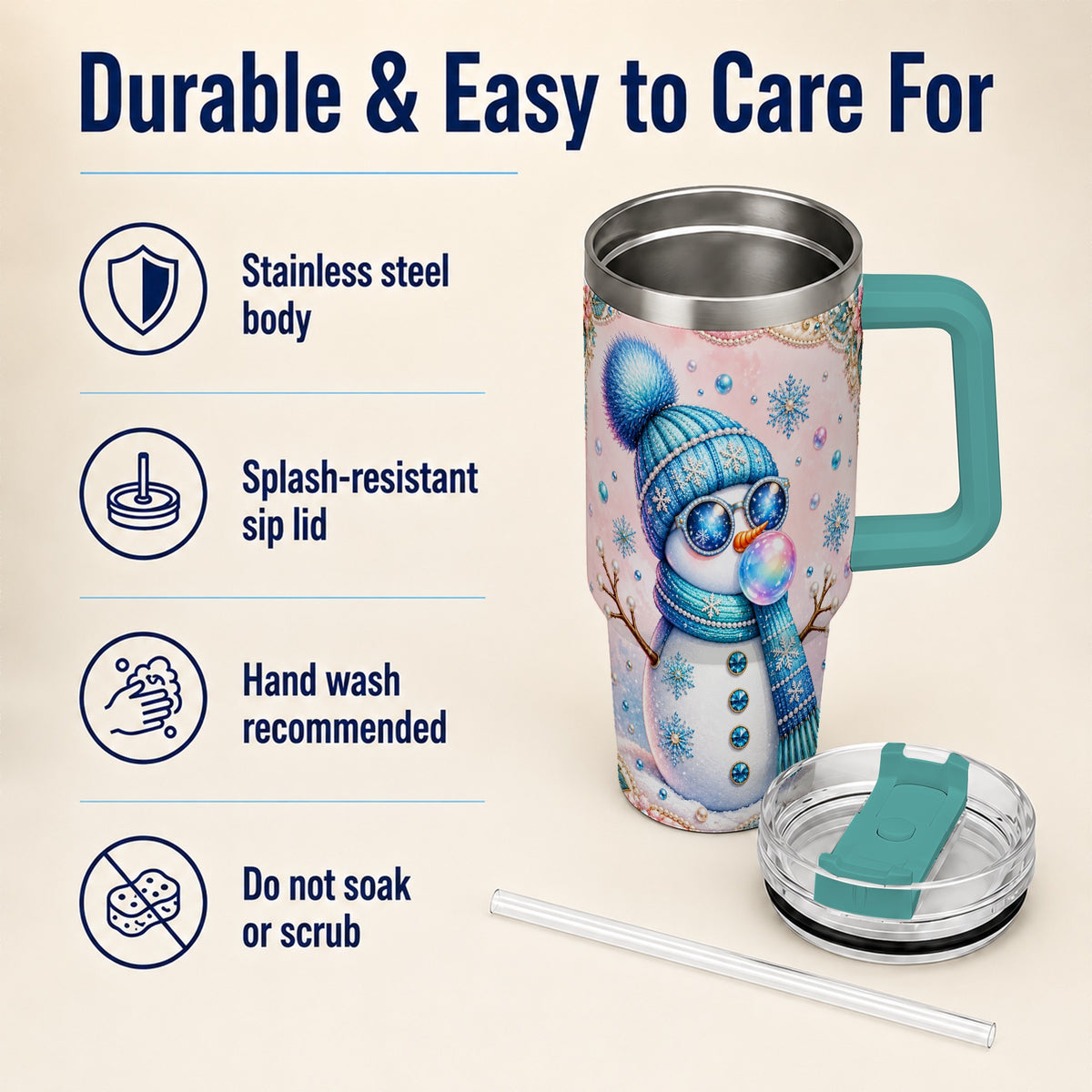 #pl[40oz|Green] Blue Snowman 40oz Tumbler with Handle, Winter Stainless Steel Travel Cup