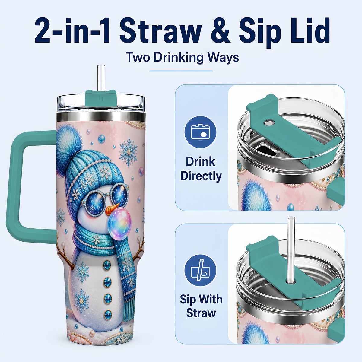 #pl[40oz|Green] Blue Snowman 40oz Tumbler with Handle, Winter Stainless Steel Travel Cup