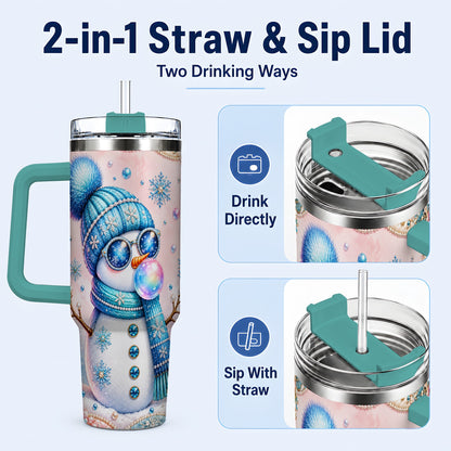#pl[40oz|Green] Blue Snowman 40oz Tumbler with Handle, Winter Stainless Steel Travel Cup