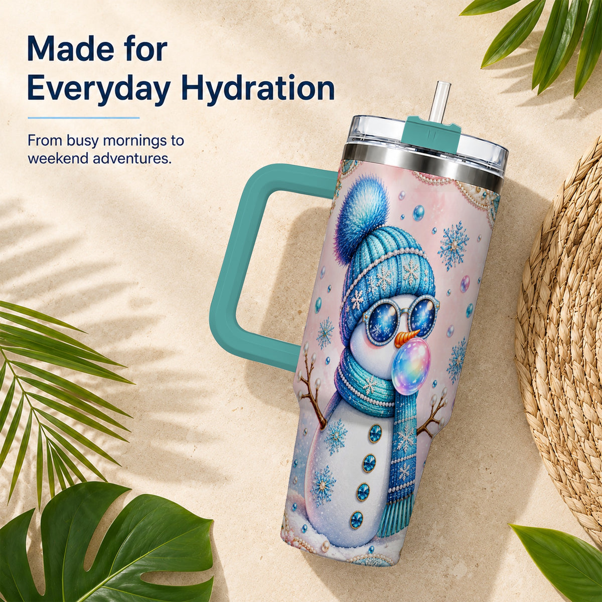#pl[40oz|Green] Blue Snowman 40oz Tumbler with Handle, Winter Stainless Steel Travel Cup