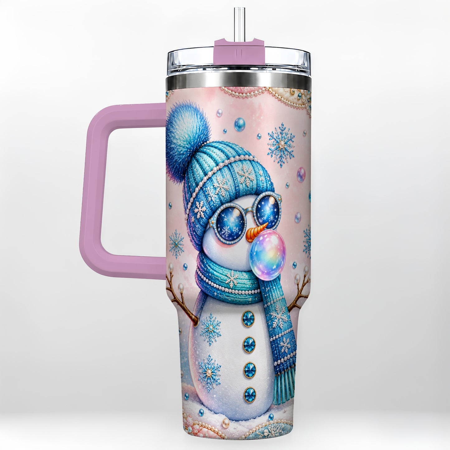 #pl[40oz|Pink] Blue Snowman 40oz Tumbler with Handle, Winter Stainless Steel Travel Cup