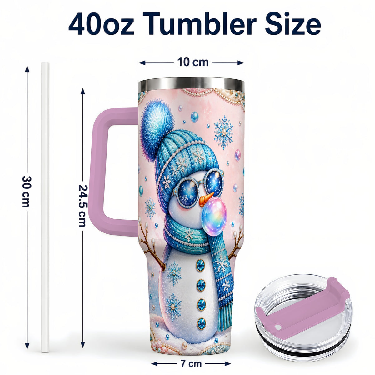 #pl[40oz|Pink] Blue Snowman 40oz Tumbler with Handle, Winter Stainless Steel Travel Cup