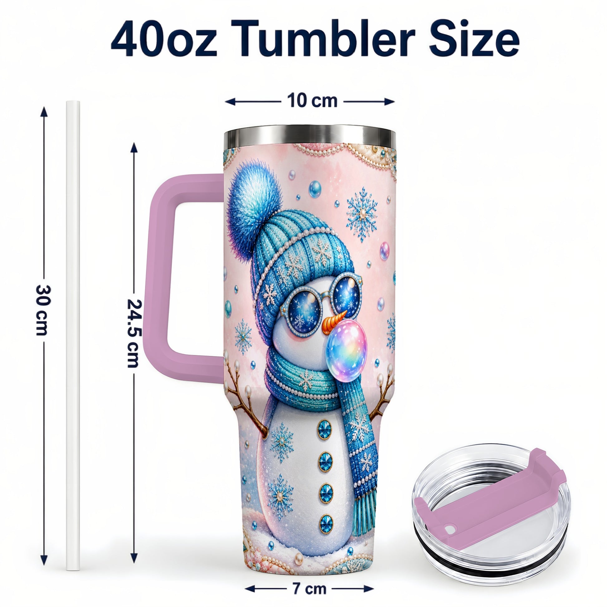 #pl[40oz|Pink] Blue Snowman 40oz Tumbler with Handle, Winter Stainless Steel Travel Cup