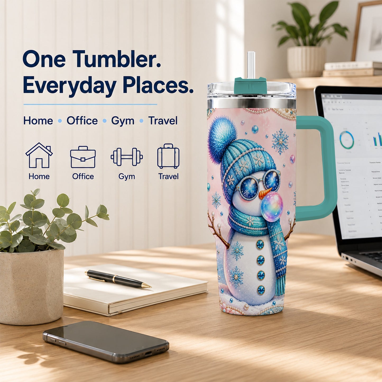 #pl[40oz|Green] Blue Snowman 40oz Tumbler with Handle, Winter Stainless Steel Travel Cup