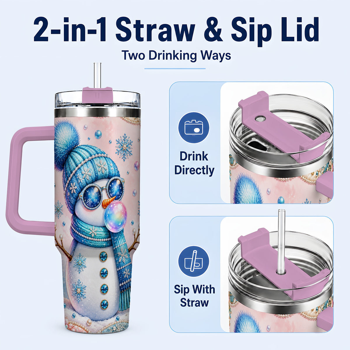 #pl[40oz|Pink] Blue Snowman 40oz Tumbler with Handle, Winter Stainless Steel Travel Cup