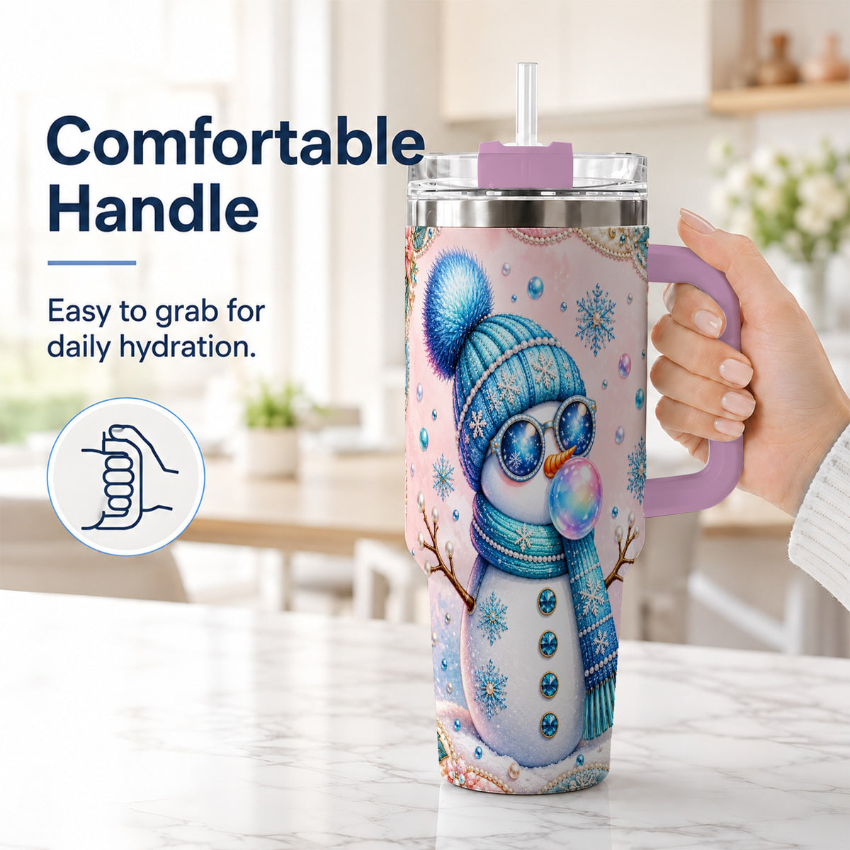 #pl[40oz|Pink] Blue Snowman 40oz Tumbler with Handle, Winter Stainless Steel Travel Cup