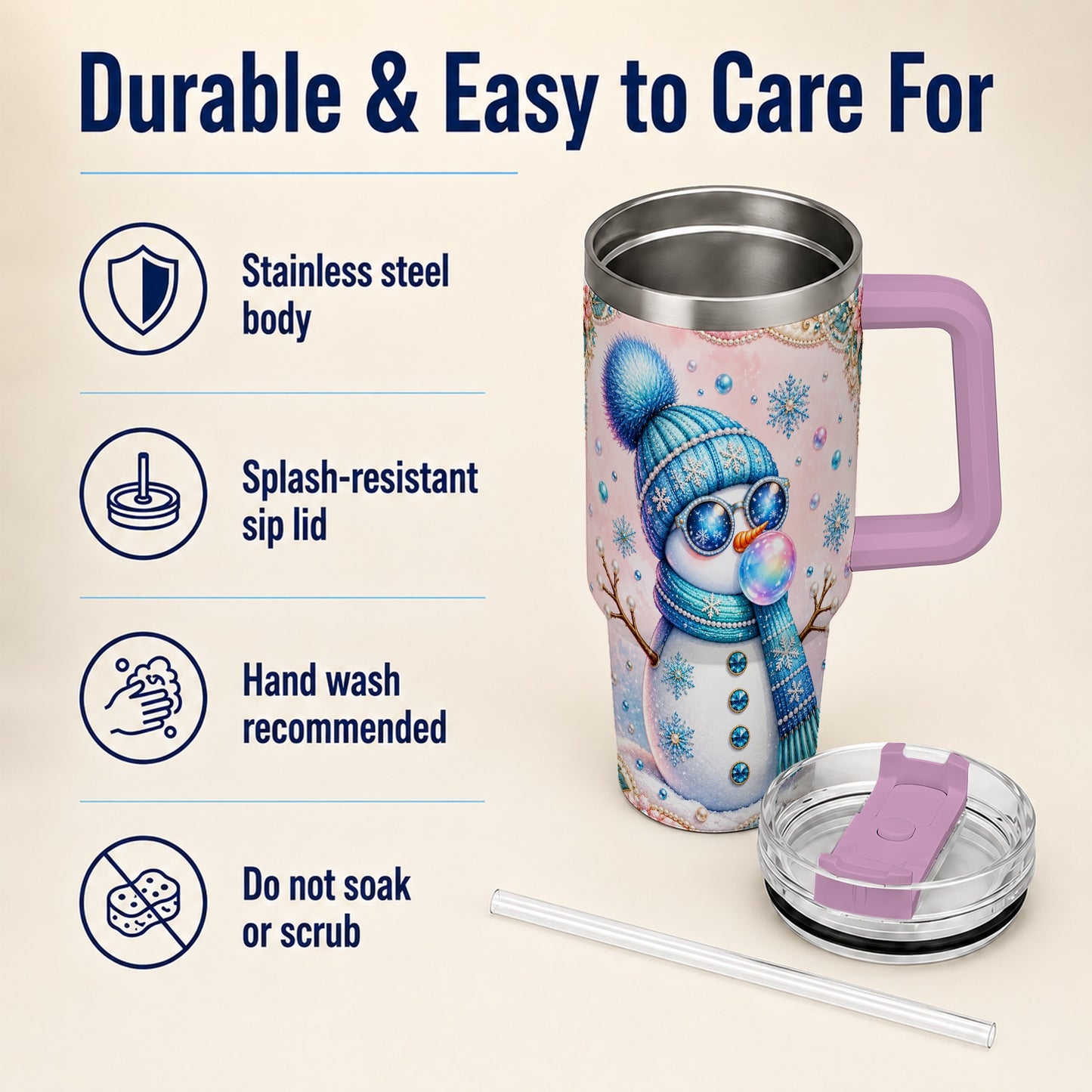 #pl[40oz|Pink] Blue Snowman 40oz Tumbler with Handle, Winter Stainless Steel Travel Cup
