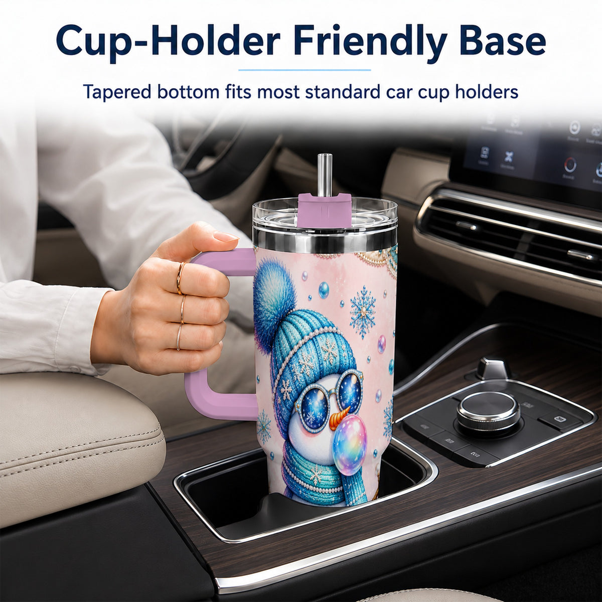 #pl[40oz|Pink] Blue Snowman 40oz Tumbler with Handle, Winter Stainless Steel Travel Cup