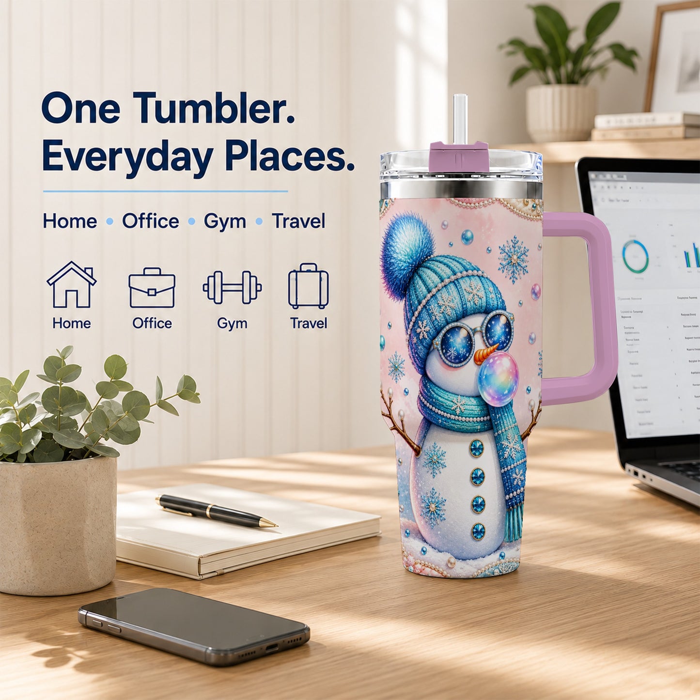 #pl[40oz|Pink] Blue Snowman 40oz Tumbler with Handle, Winter Stainless Steel Travel Cup