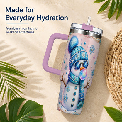 #pl[40oz|Pink] Blue Snowman 40oz Tumbler with Handle, Winter Stainless Steel Travel Cup