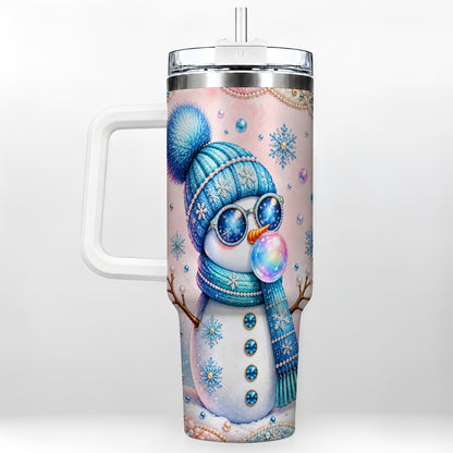 Blue Snowman 40oz Tumbler with Handle, Winter Stainless Steel Travel Cup