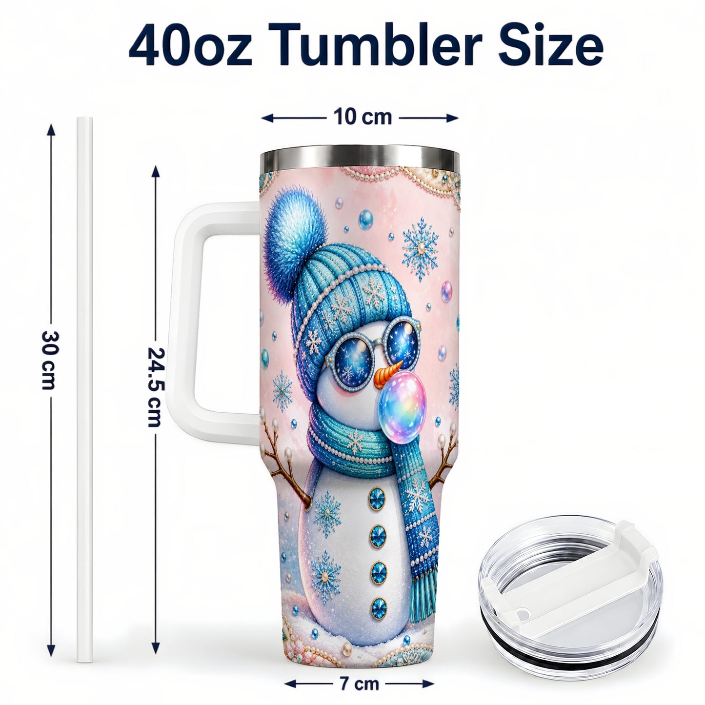 #pl[40oz|White] Blue Snowman 40oz Tumbler with Handle, Winter Stainless Steel Travel Cup