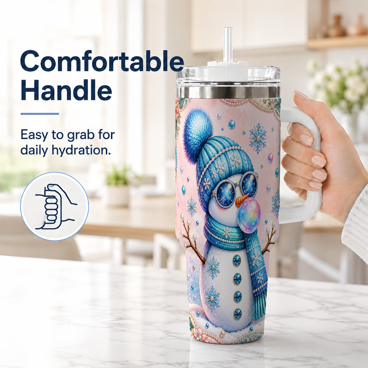 #pl[40oz|White] Blue Snowman 40oz Tumbler with Handle, Winter Stainless Steel Travel Cup