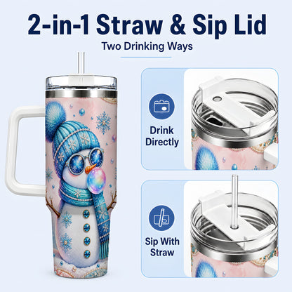 #pl[40oz|White] Blue Snowman 40oz Tumbler with Handle, Winter Stainless Steel Travel Cup