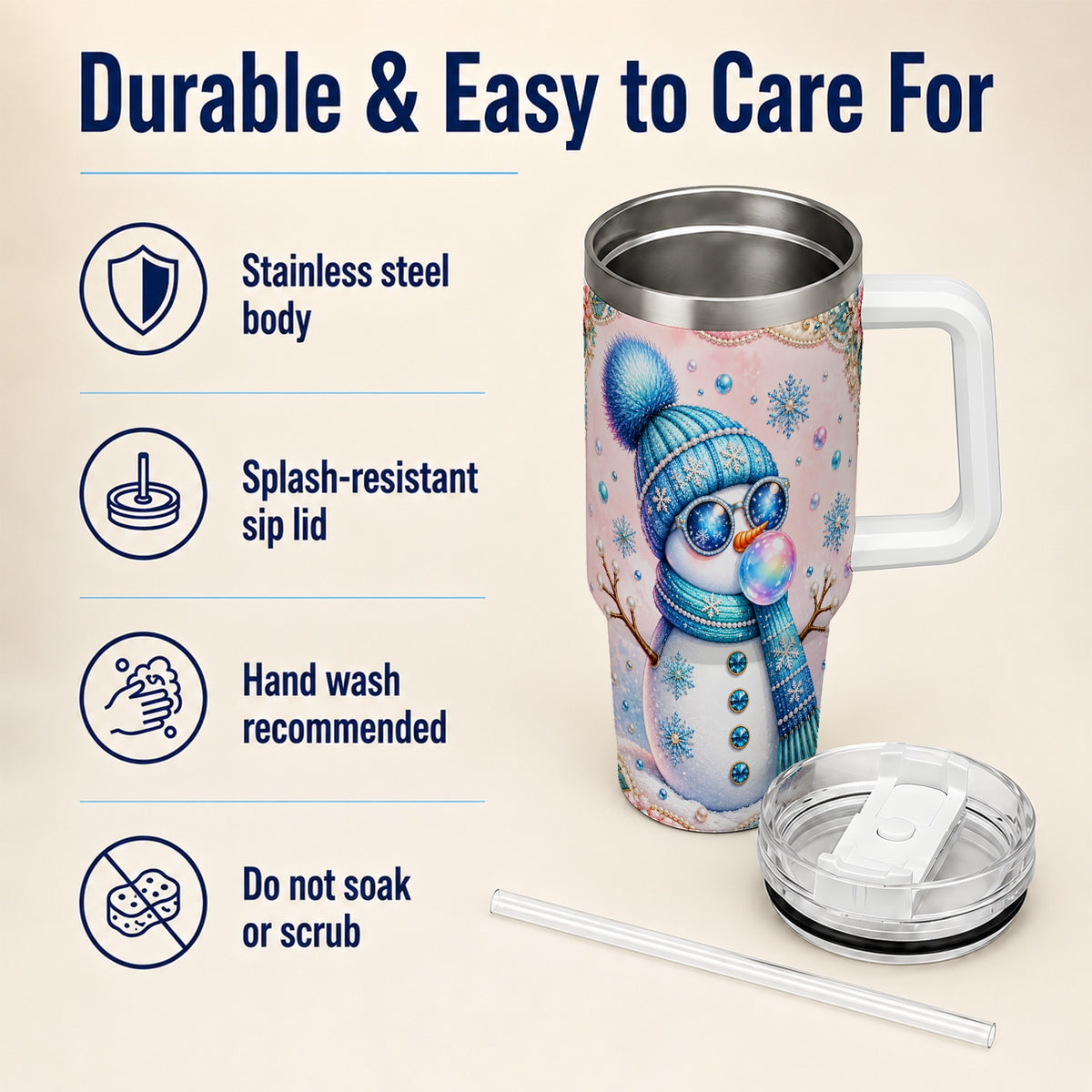 #pl[40oz|White] Blue Snowman 40oz Tumbler with Handle, Winter Stainless Steel Travel Cup