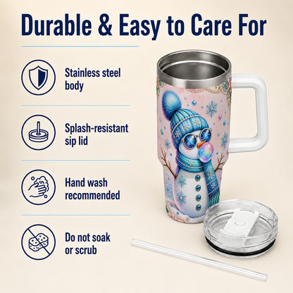 #pl[40oz|White] Blue Snowman 40oz Tumbler with Handle, Winter Stainless Steel Travel Cup