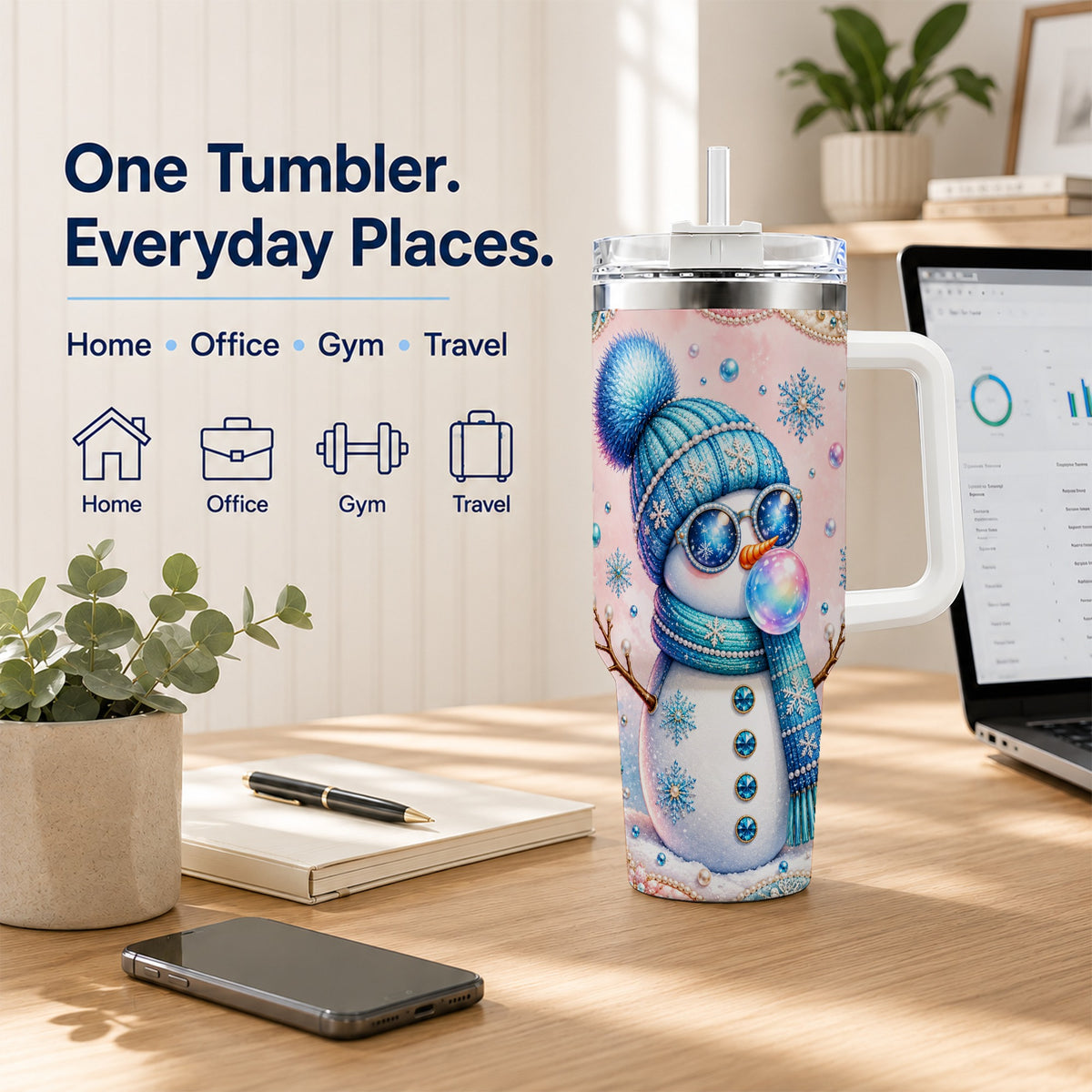 #pl[40oz|White] Blue Snowman 40oz Tumbler with Handle, Winter Stainless Steel Travel Cup
