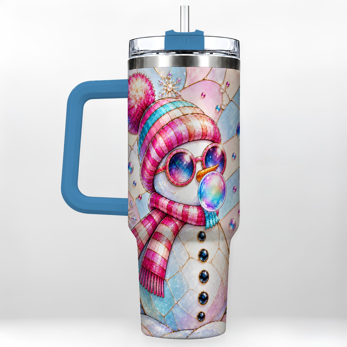 #pl[40oz|Blue] Colorful Snowman 40oz Tumbler with Handle, Winter Stainless Steel Travel Cup