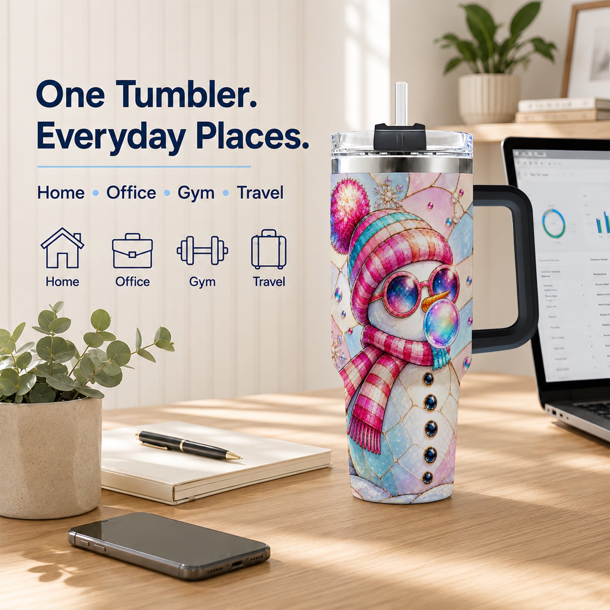 #pl[40oz|Black] Colorful Snowman 40oz Tumbler with Handle, Winter Stainless Steel Travel Cup