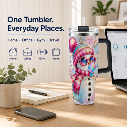 #pl[40oz|Black] Colorful Snowman 40oz Tumbler with Handle, Winter Stainless Steel Travel Cup