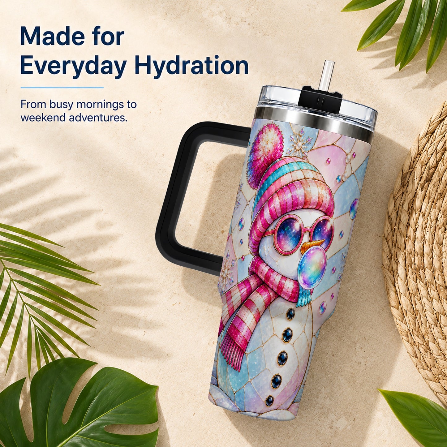 #pl[40oz|Black] Colorful Snowman 40oz Tumbler with Handle, Winter Stainless Steel Travel Cup