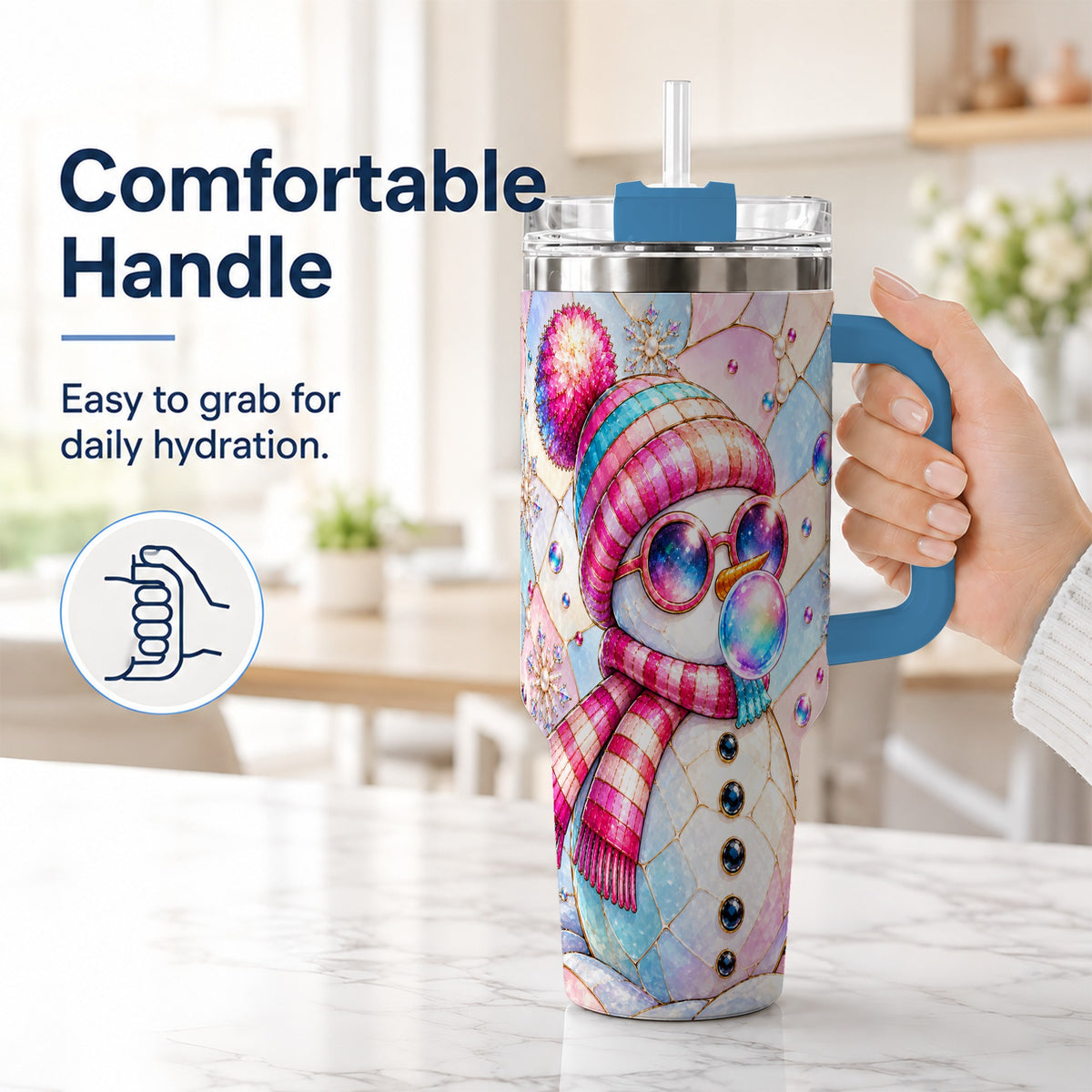 #pl[40oz|Blue] Colorful Snowman 40oz Tumbler with Handle, Winter Stainless Steel Travel Cup