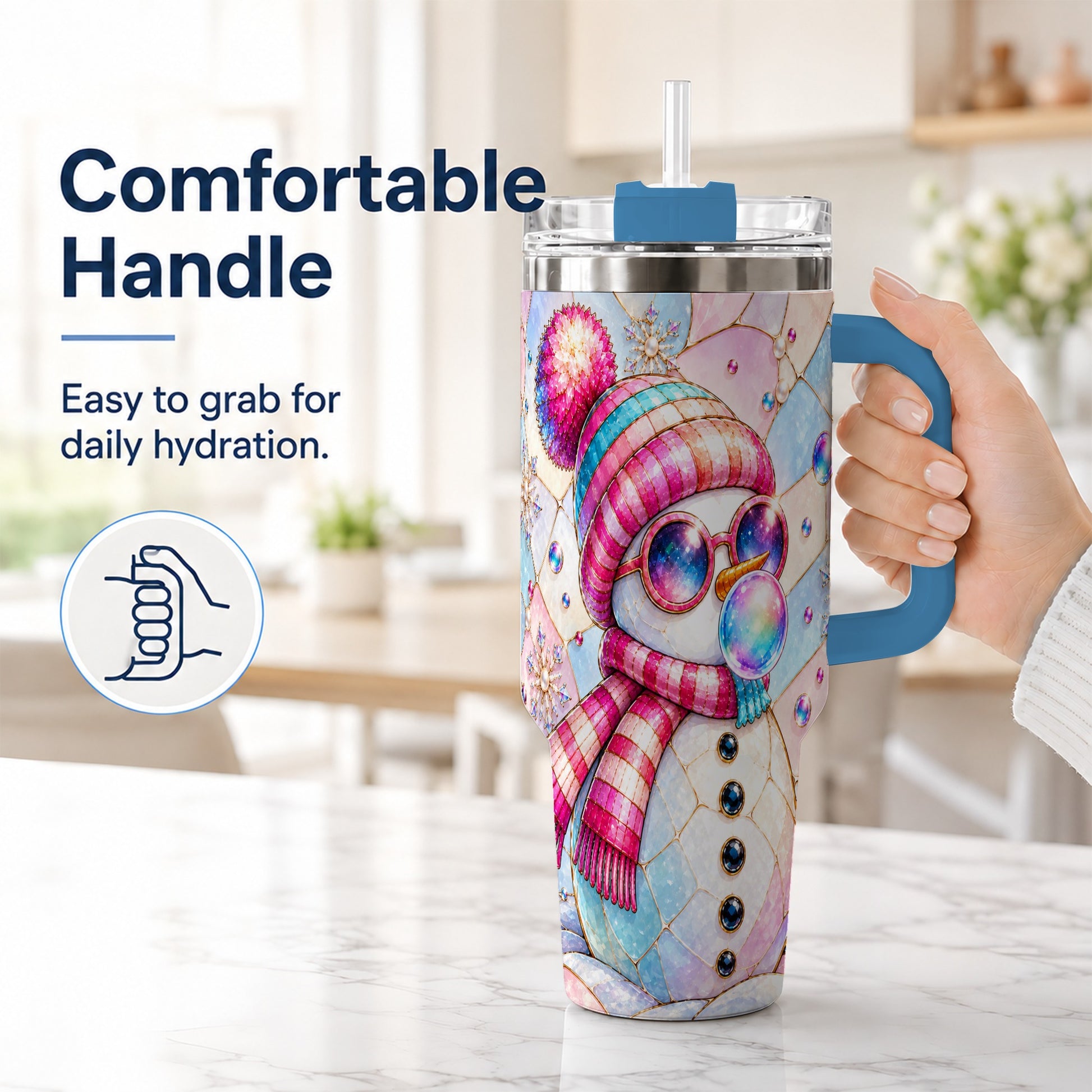 #pl[40oz|Blue] Colorful Snowman 40oz Tumbler with Handle, Winter Stainless Steel Travel Cup