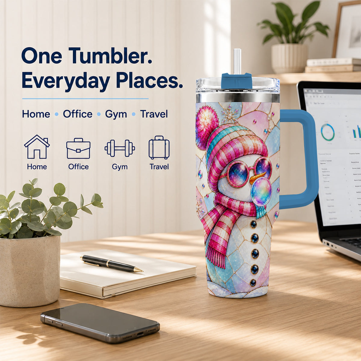 #pl[40oz|Blue] Colorful Snowman 40oz Tumbler with Handle, Winter Stainless Steel Travel Cup