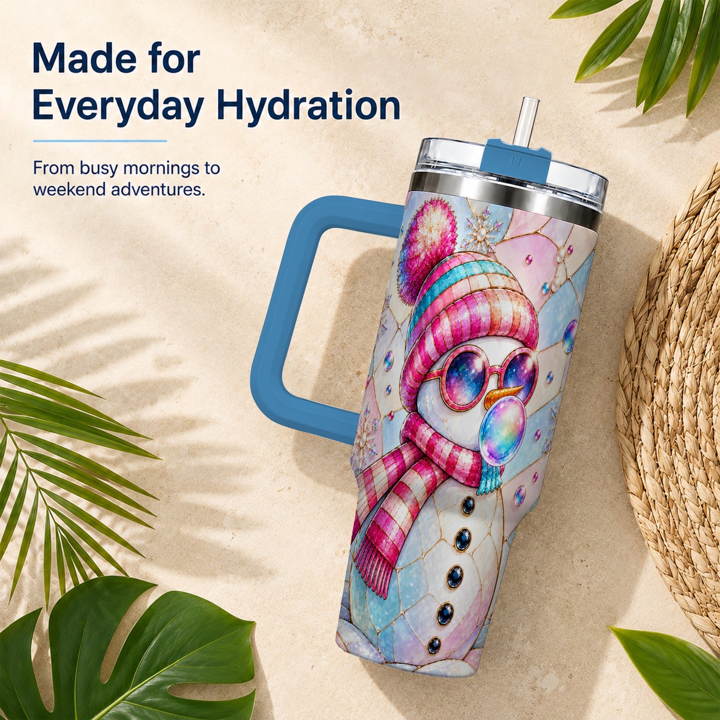 #pl[40oz|Blue] Colorful Snowman 40oz Tumbler with Handle, Winter Stainless Steel Travel Cup