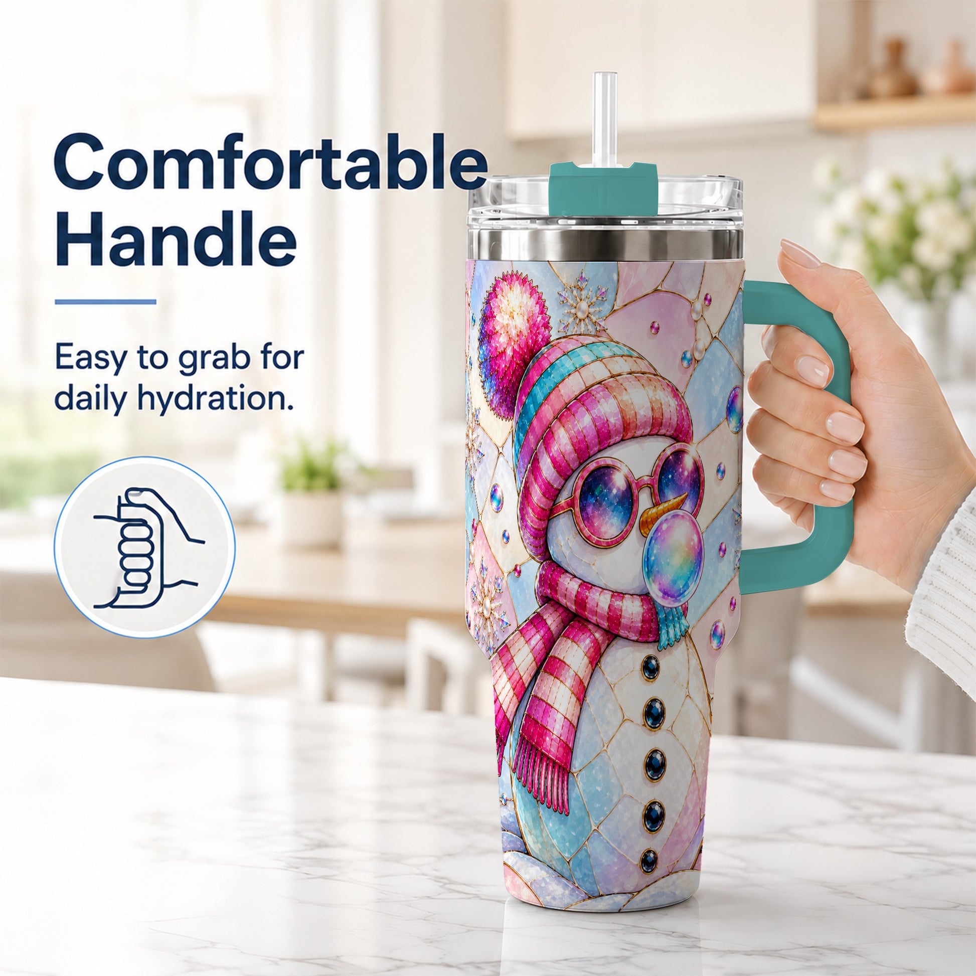 #pl[40oz|Green] Colorful Snowman 40oz Tumbler with Handle, Winter Stainless Steel Travel Cup