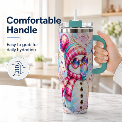 #pl[40oz|Green] Colorful Snowman 40oz Tumbler with Handle, Winter Stainless Steel Travel Cup