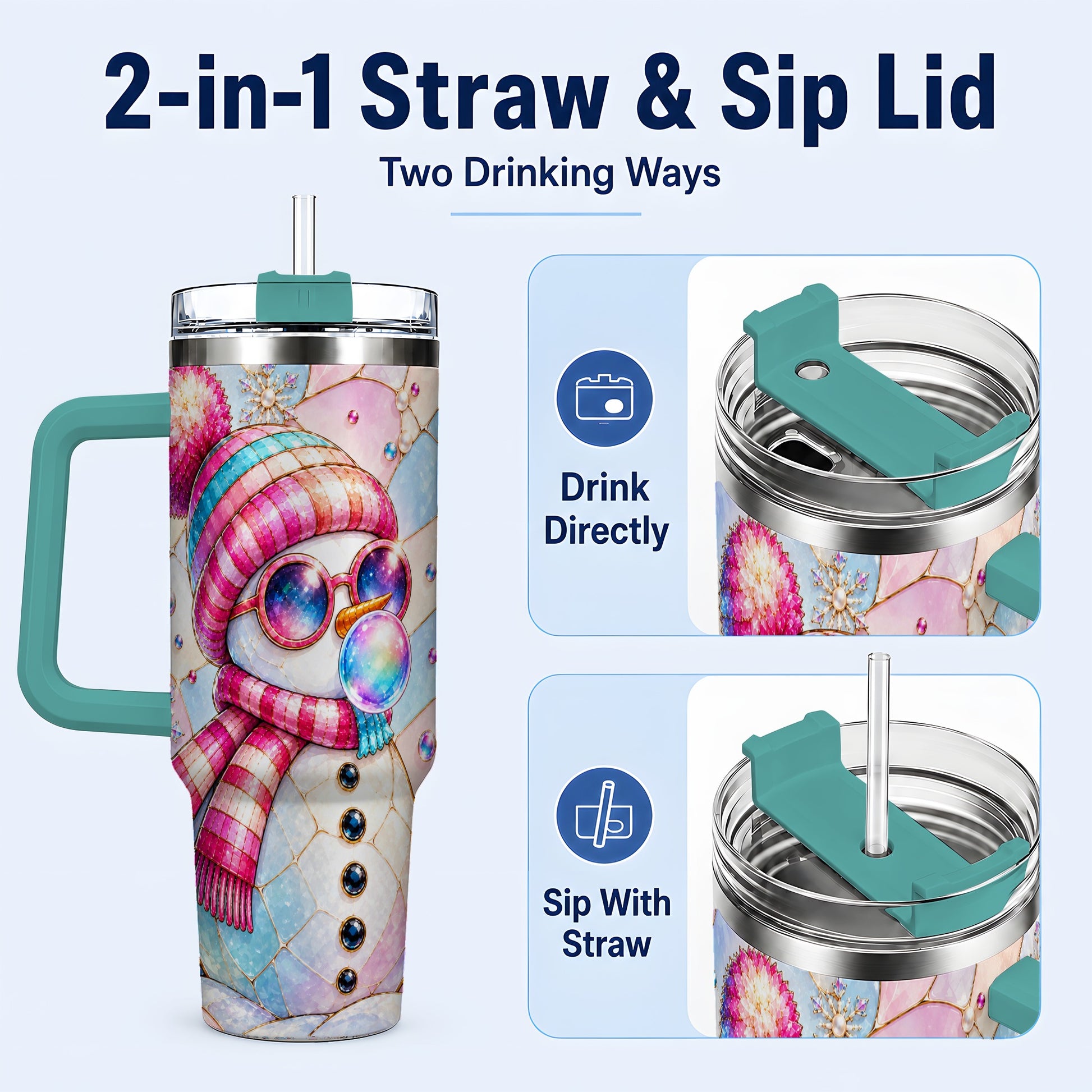 #pl[40oz|Green] Colorful Snowman 40oz Tumbler with Handle, Winter Stainless Steel Travel Cup