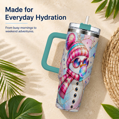 #pl[40oz|Green] Colorful Snowman 40oz Tumbler with Handle, Winter Stainless Steel Travel Cup
