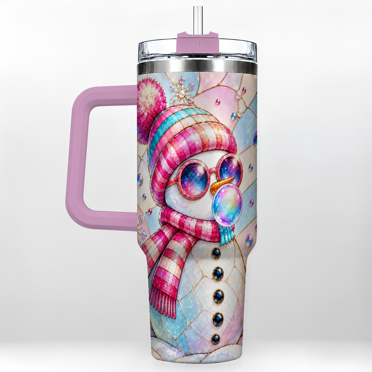 #pl[40oz|Pink] Colorful Snowman 40oz Tumbler with Handle, Winter Stainless Steel Travel Cup