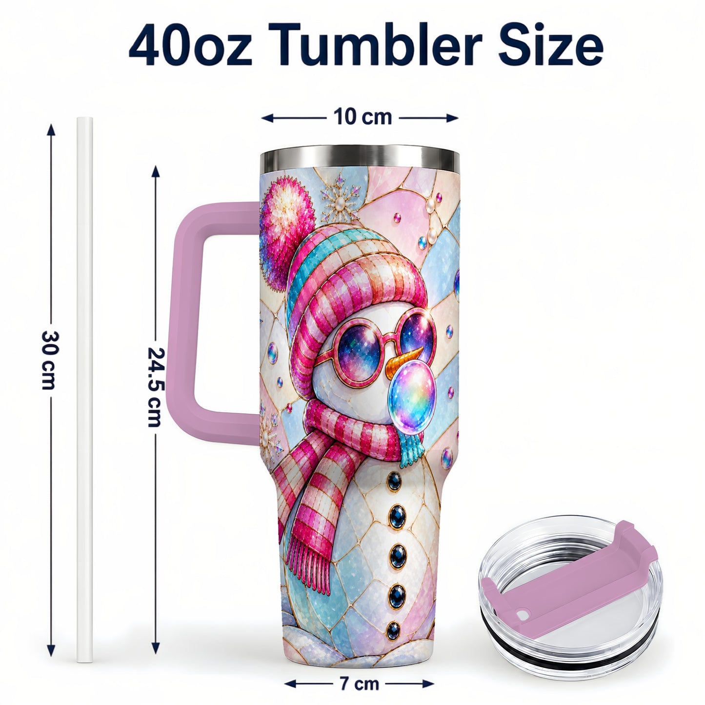 #pl[40oz|Pink] Colorful Snowman 40oz Tumbler with Handle, Winter Stainless Steel Travel Cup