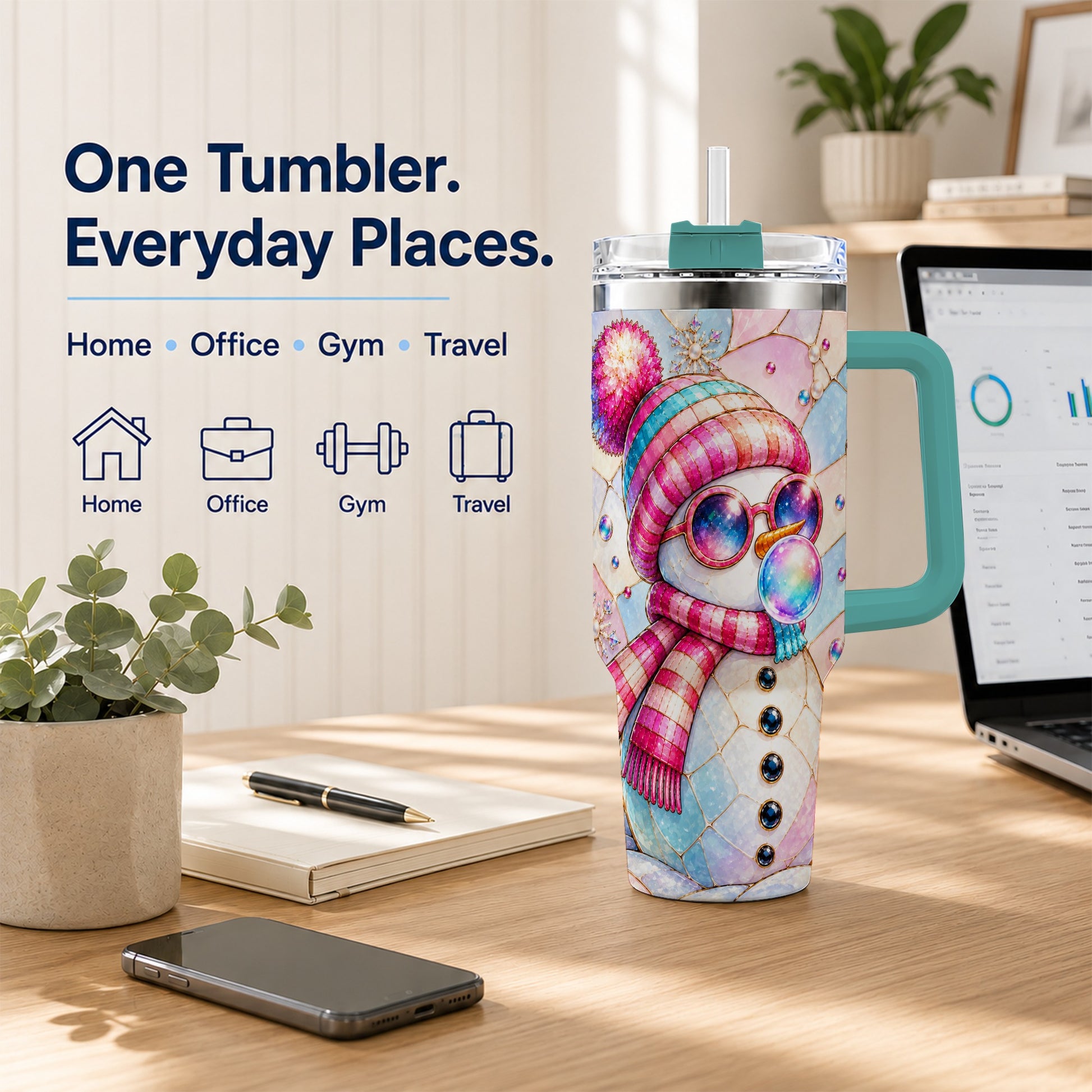 #pl[40oz|Green] Colorful Snowman 40oz Tumbler with Handle, Winter Stainless Steel Travel Cup