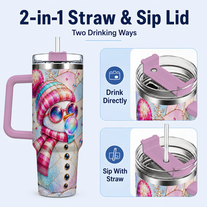 #pl[40oz|Pink] Colorful Snowman 40oz Tumbler with Handle, Winter Stainless Steel Travel Cup