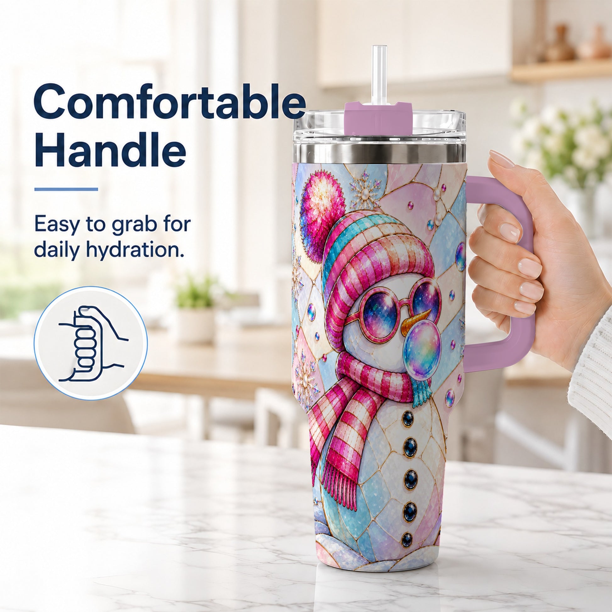 #pl[40oz|Pink] Colorful Snowman 40oz Tumbler with Handle, Winter Stainless Steel Travel Cup
